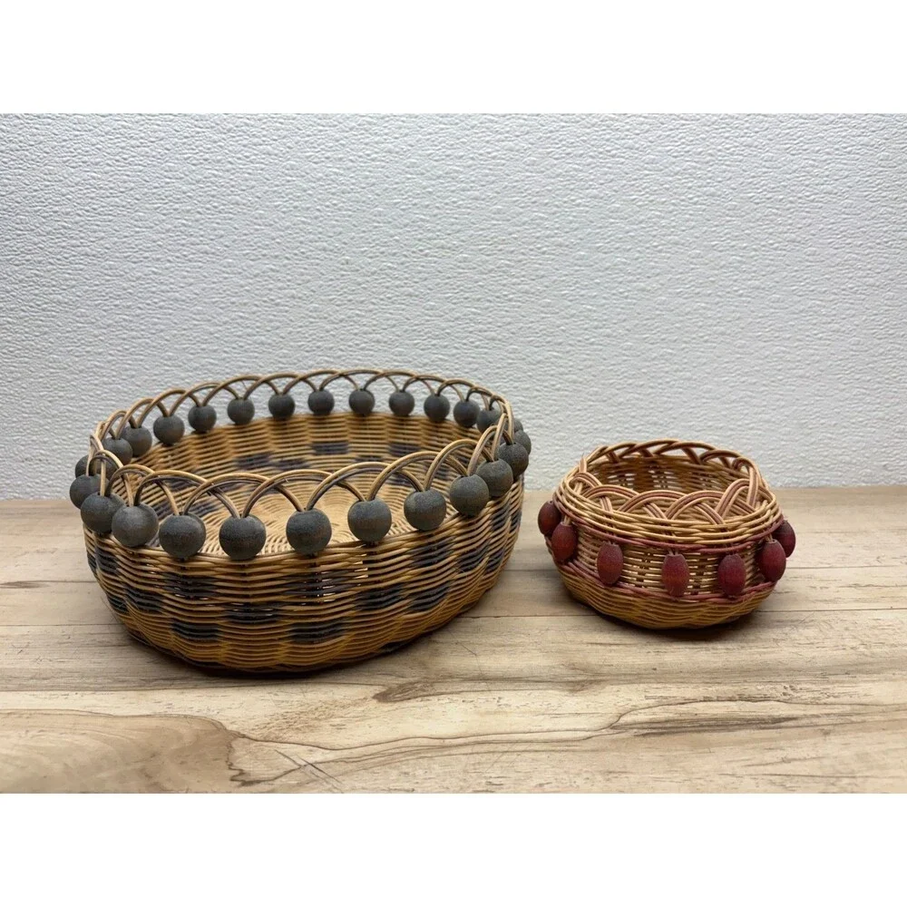 Vtg Set Of 2 Handwoven Baskets Doublewall With Beads Cherokee Style